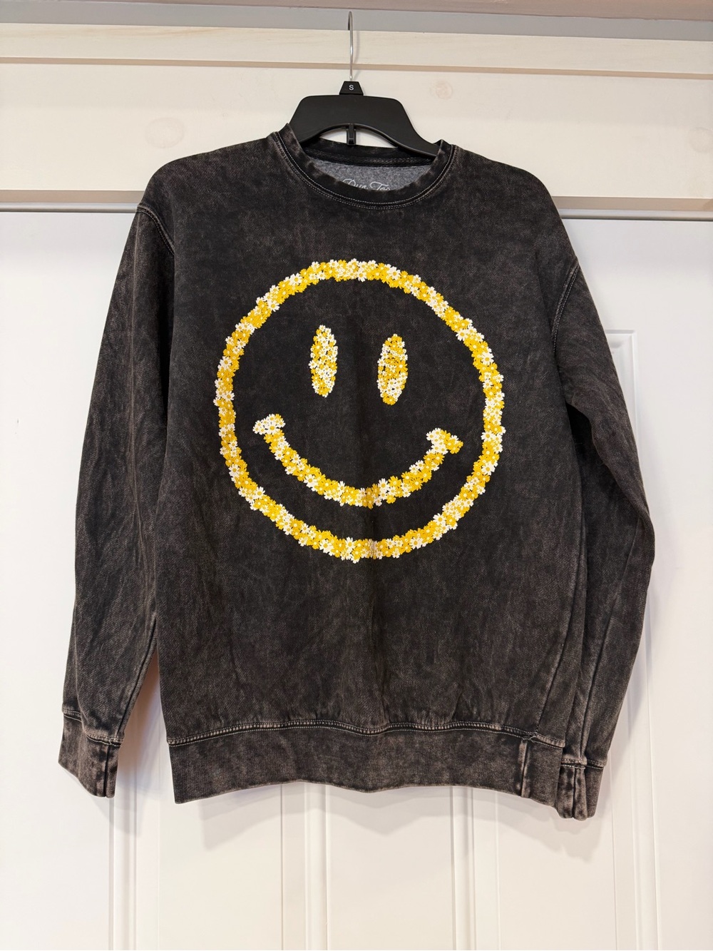 NWT Black Acid Washed Crewneck Sweatshirt with Yellow Floral Smiley Embroidery